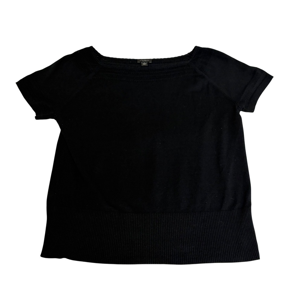 Ann Taylor Factory Black Short Sleeve Boat Neck Pointelle Knit Sweater Large